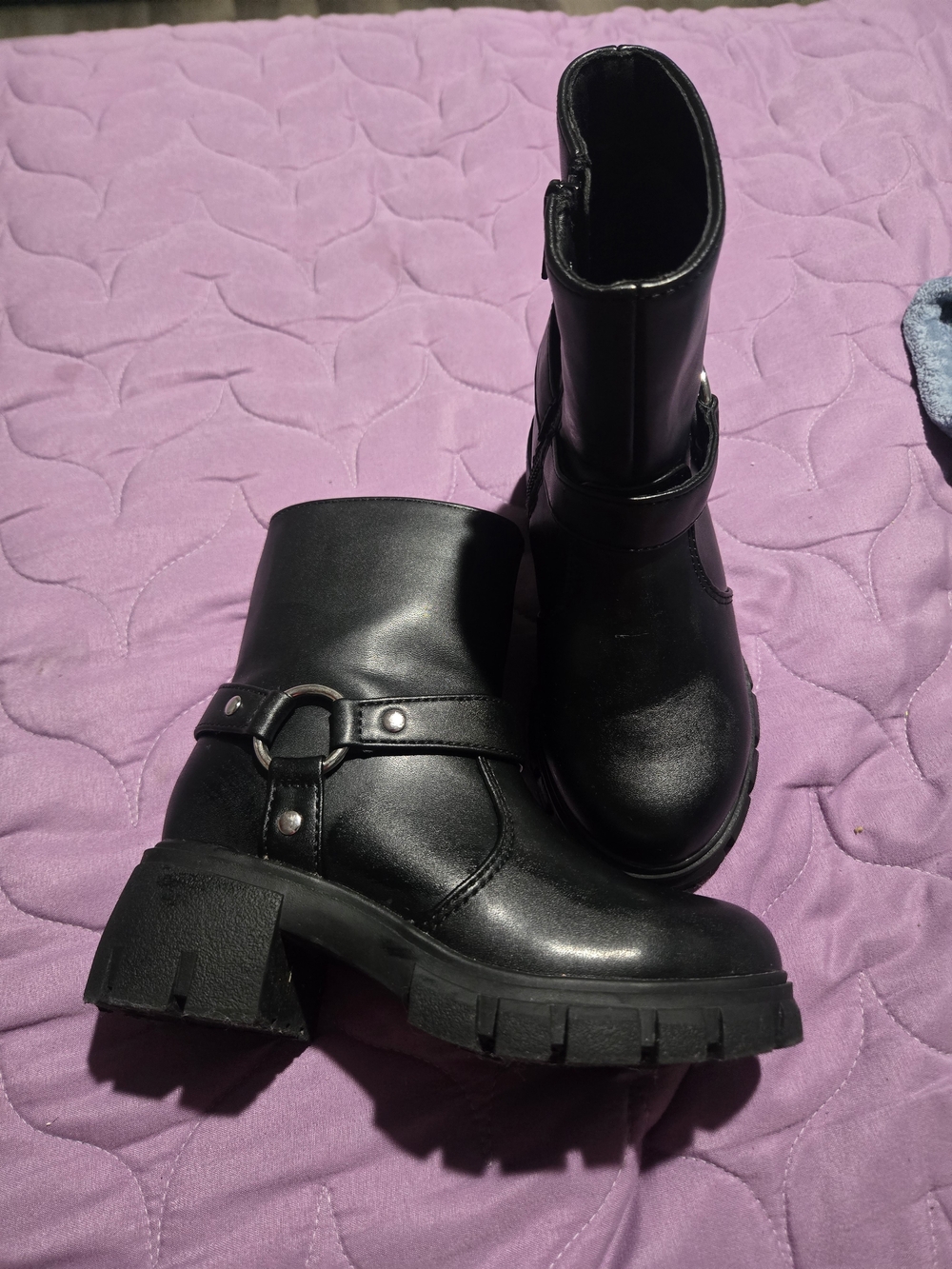 Black Kids's Chunky Heel Motorcycle Boots